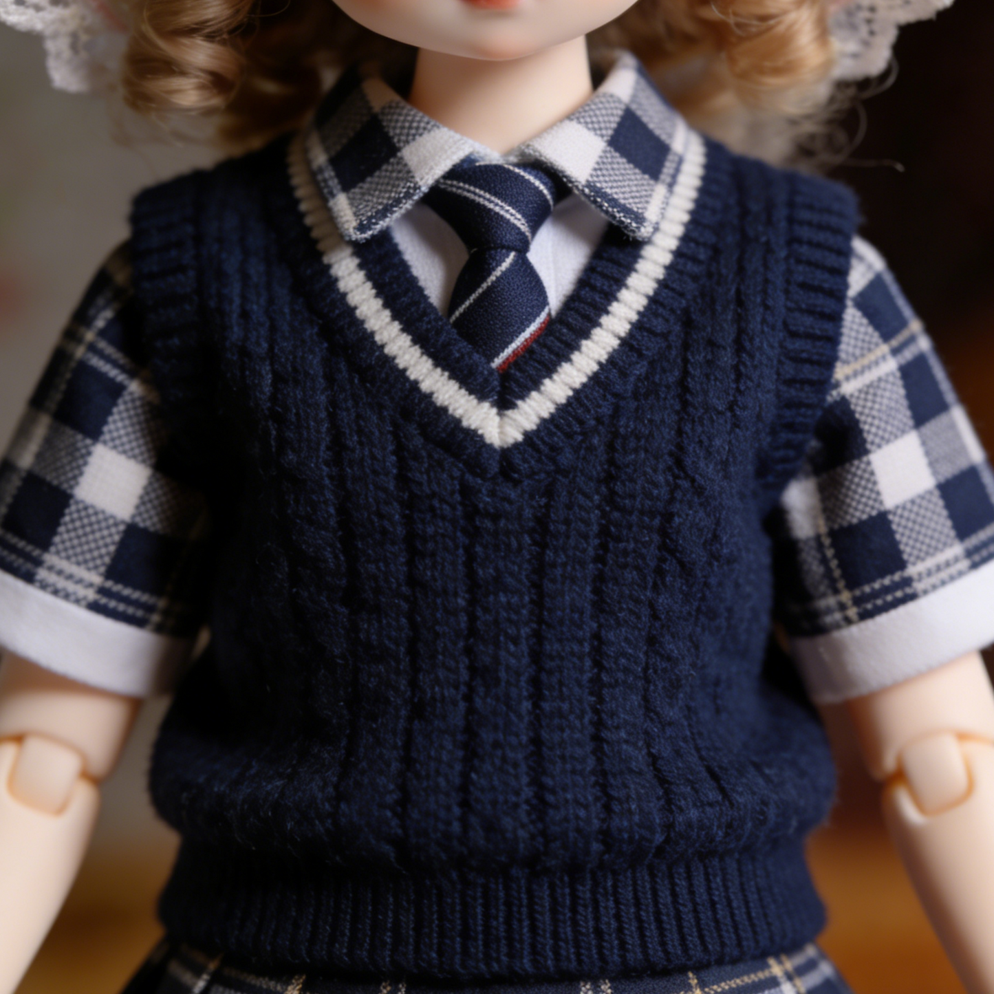 Preppy Knit Vest Plaid Doll Outfit - Navy Blue School Uniform Set for 1/4 BJD Dolls (Shirt, Tie, Vest, Skirt)
