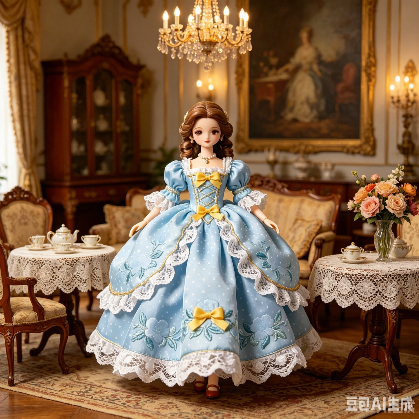 Sky-Blue Rococo Lace Doll Dress - Vintage Princess Outfit for Collectible BJD Doll